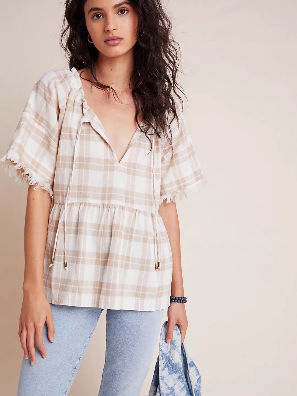 Pilcro Bette Babydoll Cotton Linen Cream Tan Plaid Blouse Womens Size Medium